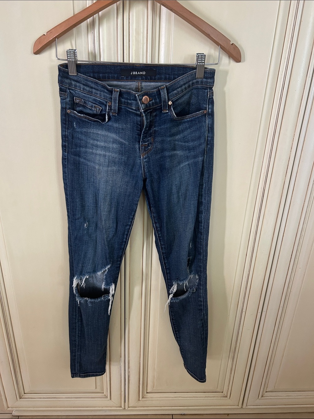 J Brand Dark Blue Skinny Jeans with Knee Rips